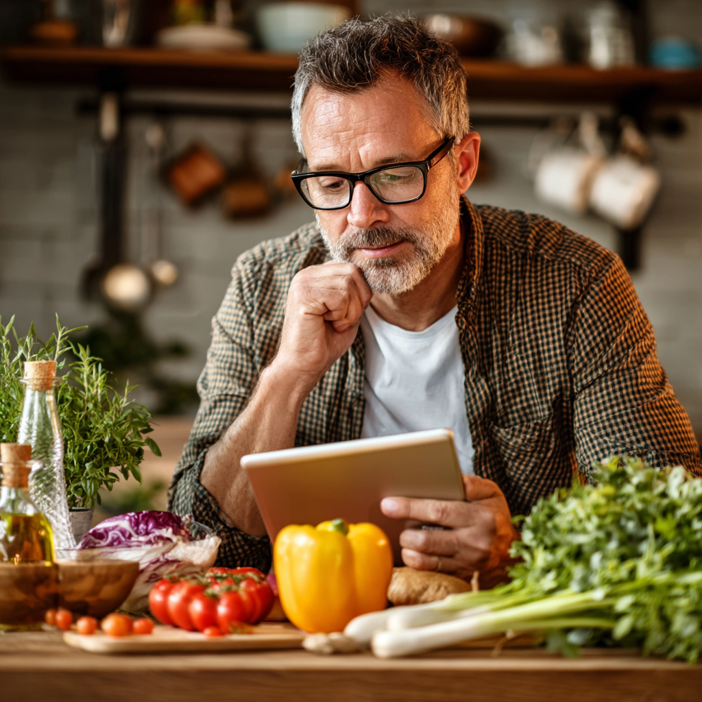 Middle-aged man reviewing his weekly meal plan on a tablet while sitting at a dining table with fresh ingredients