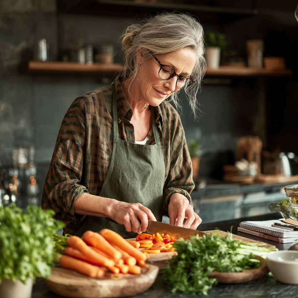 Woman in her fifties preparing fresh vegetables in a modern kitchen, planning healthy meals